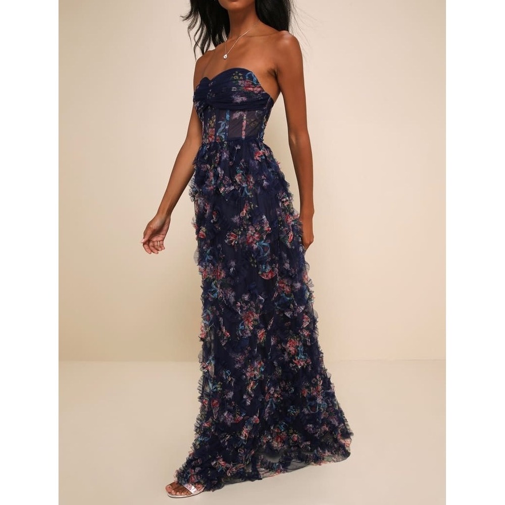 NWT Lulus Stunning Element Navy Floral Mesh Ruffled Strapless Maxi Dress XL - Picture 2 of 7